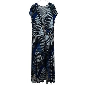 Olivia Matthews | Blue Geometric Wrap Surplice Maxi Dress 3X Stretch Comfort